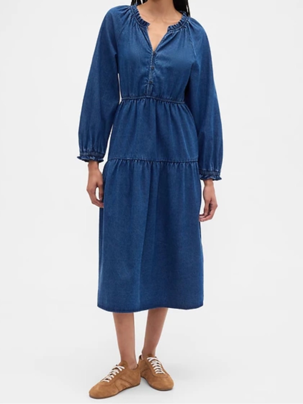 GAP Blue Denim Tiered Midi Dress Long Sleeves Cotton L NWT